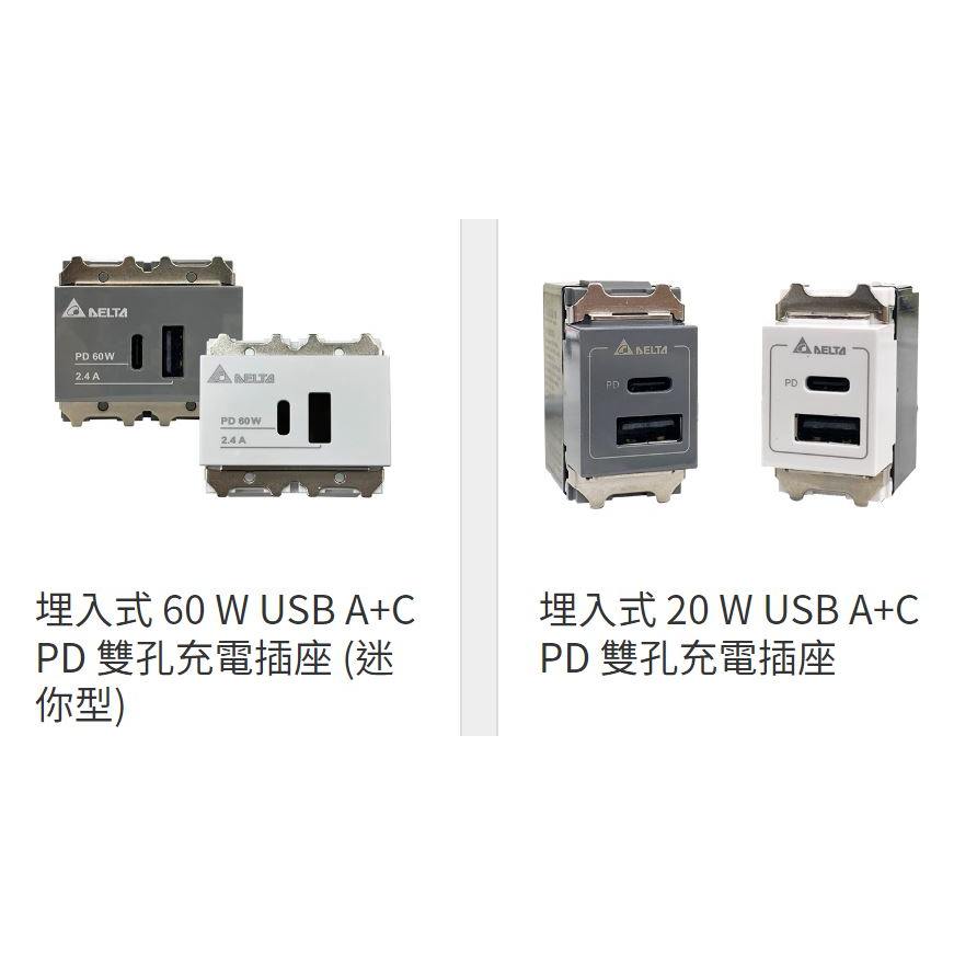 台達電 埋入式 60W 20W USB A+C PD 充電 插座 Type C插座 快充 開關切 手機 平板 飯店 民宿