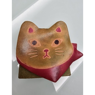 紅色領巾貓貓 手工皮件 立體零錢包