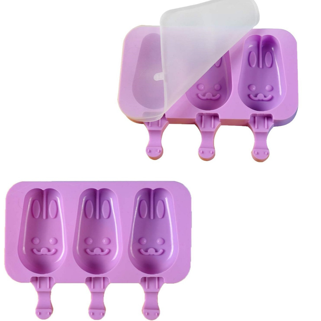 小白兔款 粉紫色造型雪糕冰棒矽膠模(3連) 巧克力 蛋糕 糖果 果凍 雪糕 慕絲 奶凍 冰棒 製冰盒 冰淇淋 手工皂