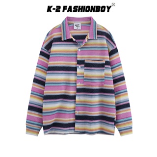 【K-2】針織 條紋 長袖襯衫 外套 口袋設計 翻領 彩色針織 不對稱 情侶款 秋冬穿搭【D8461】