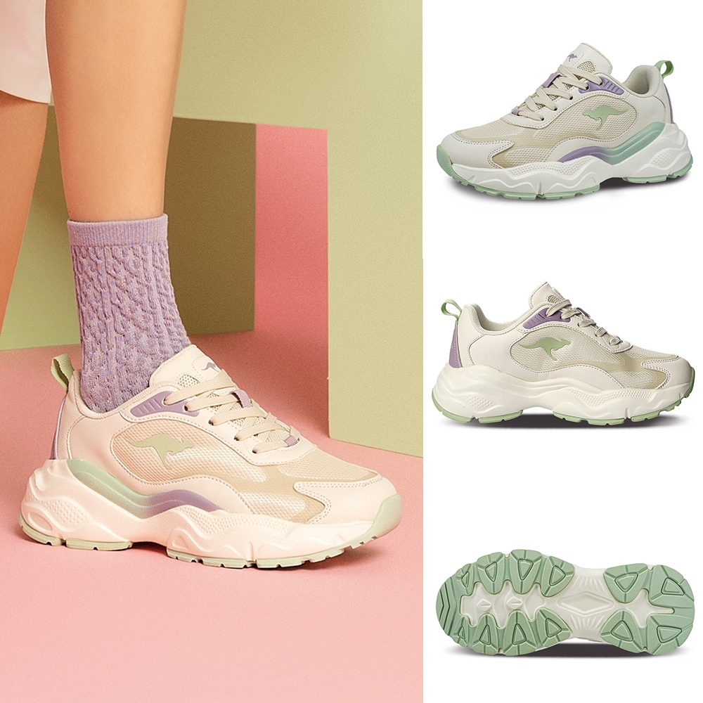 【KangaROOS 美國袋鼠鞋】女 DAZZLE 冰淇淋奶霜鞋 老爹鞋(白/紫/綠-KW32287)