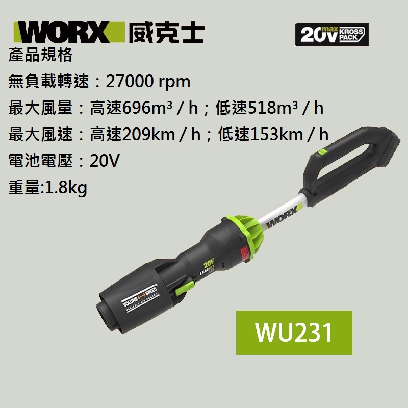 WORX威克士 鋰電吹風機 威克士 直流吹風機 鼓風機 吹葉機 無刷 WU231