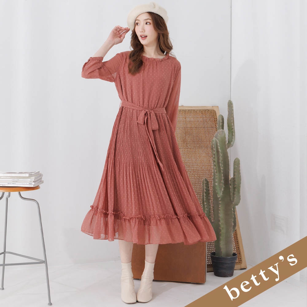 betty’s貝蒂思(25)雪紡點點荷葉小立領壓褶腰帶洋裝(珊瑚粉)