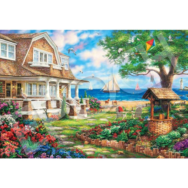 32-608 迷你1053片日本正版拼圖 繪畫風景 海邊花園的房屋
