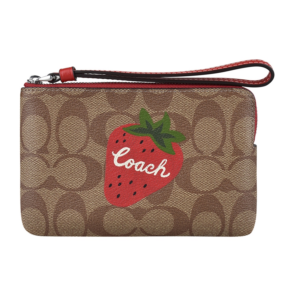 COACH白字草寫LOGO野草莓圖案設計PVC拉鍊手拿包(卡其x電光紅)