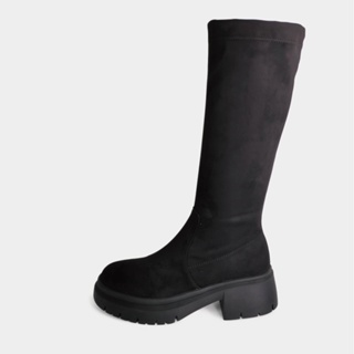 R&BB長靴-鬆糕厚底超顯瘦襪靴 極簡質感彈力絨面及膝馬靴(長筒款)-黑色