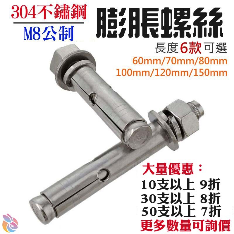 🍁台灣現貨🍁304不鏽鋼 M8公制 膨脹螺絲（長60~150mm 6款可選）拉爆 膨脹螺栓 壁虎螺絲