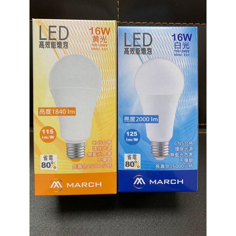 LED 16W 高效能 球泡 燈泡 💡 白光 黃光 4000K 無藍光 不傷眼 節能 環保 CNS認證 MARCH MH