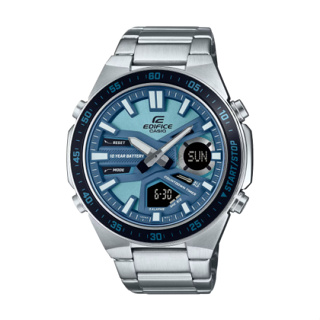 【CASIO EDIFICE】十年電力雙顯示系列賽車鋼帶運動腕錶-碧海藍/EFV-C110D-2B/台灣總代理公司貨享一