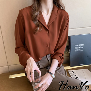 【HanVo】美美的光澤感風衣領襯衫 韓系時髦百搭寬鬆顯瘦修身襯衫上衣 韓國女裝 女生衣著 1698
