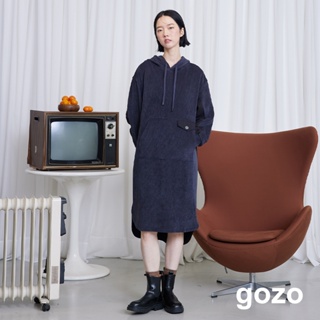 【gozo】條絨拼接異材質連帽洋裝(深灰/綠色_F) | 女裝 修身 百搭