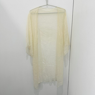 韓國雪紡透膚米黃色開襟長版罩衫