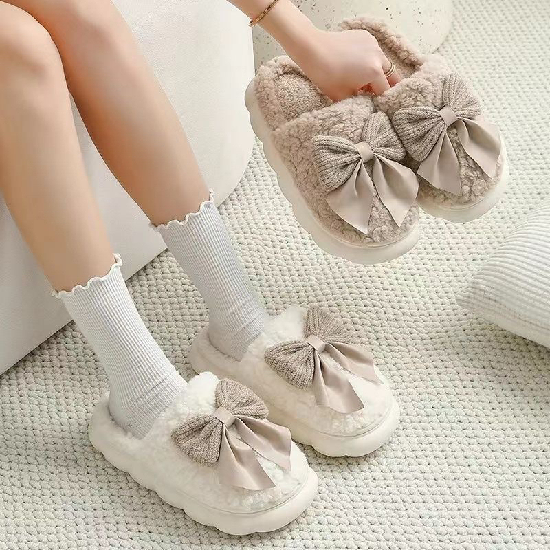 冬季新款棉拖鞋女保暖毛絨室內防滑厚底蝴蝶結棉拖可外穿