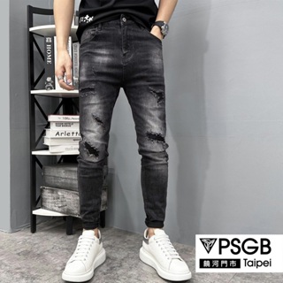 PSGB Taipei - J-0884 黑底破補窄褲 -型男-長褲-牛仔褲-修飾線條- 丹寧布 - 現貨