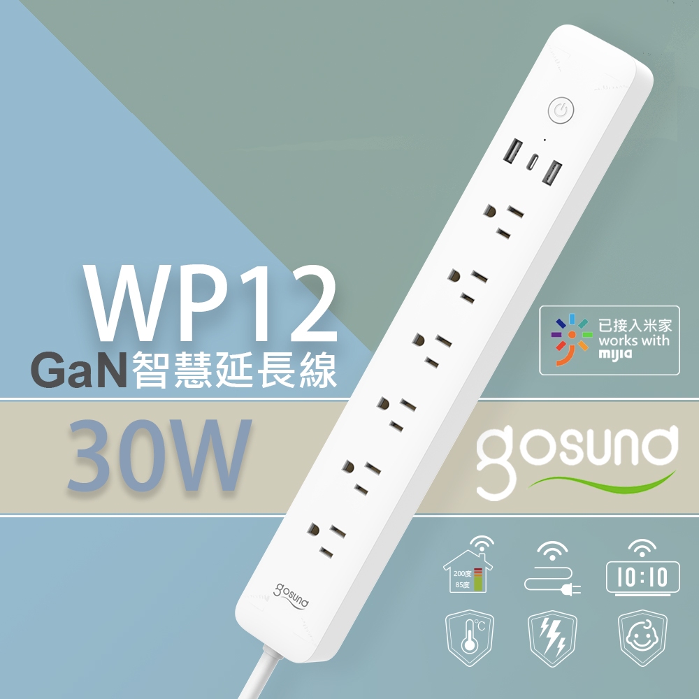 酷客 Gosund 30W Gan 智慧延長線 台灣版 6孔分控 3埠USB 智能延長線 WP12 電量統計 米家APP