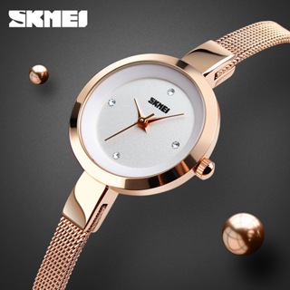 手錶女生 女錶 1390 skmei新款 時尚簡約女款玫瑰金手錶 女用鋼錶帶鋅合金鑲鑽石英錶