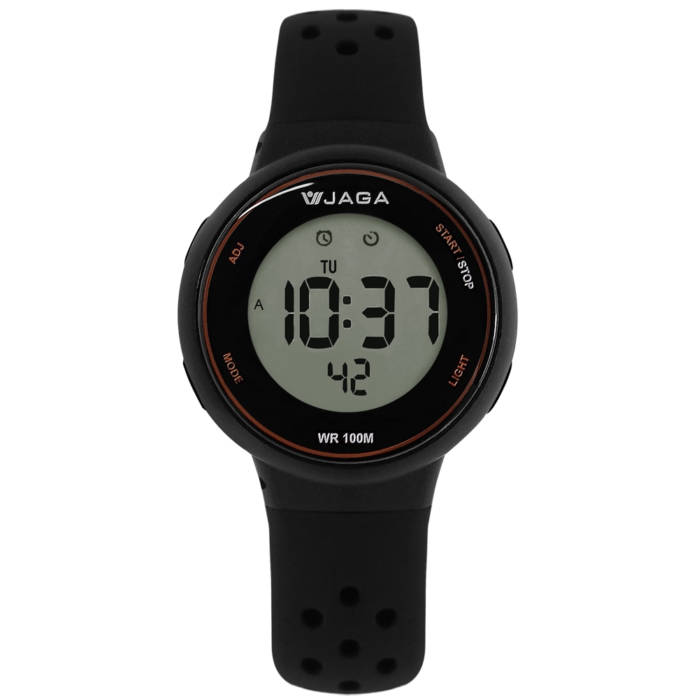 JAGA 捷卡 / 電子運動 冷光照明 計時碼錶 鬧鈴 防水100米 透氣矽膠手錶 黑色 / M1214-A /36mm