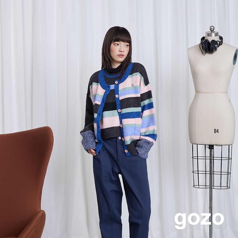【gozo】再生羊毛條紋開襟毛衣外套(深灰/淺咖_F) | 女裝 圓領 保暖