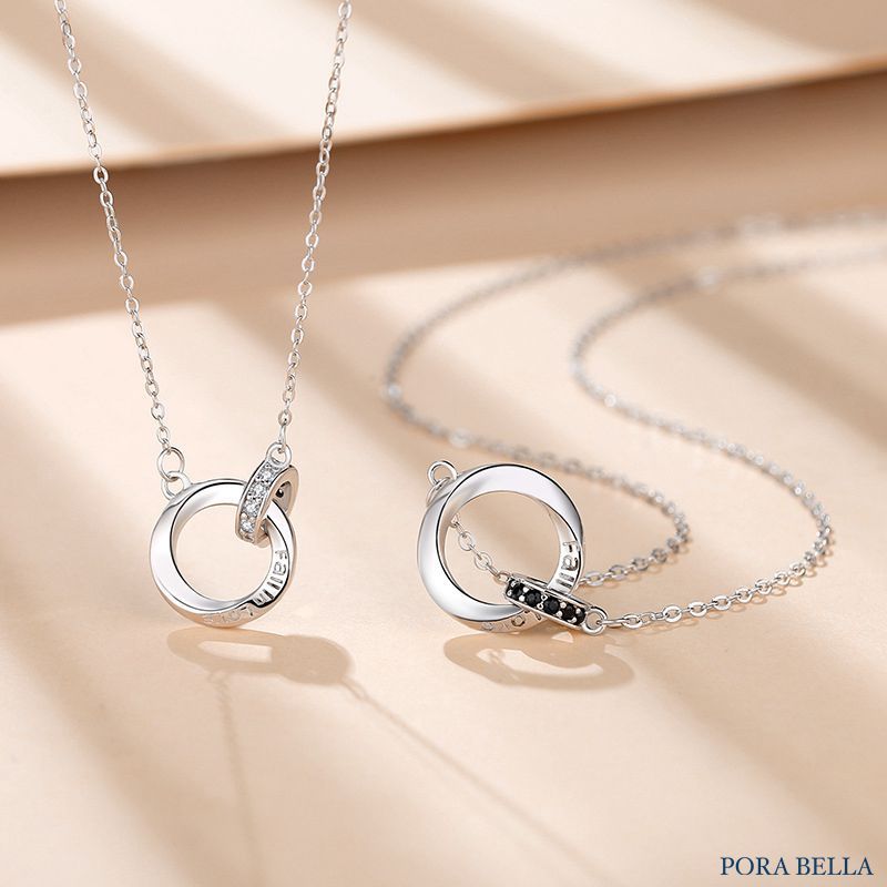 <Porabella>925純銀鋯石情侶項鍊  莫比烏斯雙環情侶項鍊 情侶款 黑鑽白鑽 雙環純銀項鍊 Necklace