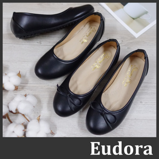 【Eudora】MIT台灣製 黑色包鞋 面試鞋 上班鞋 皮鞋 娃娃鞋 平底鞋 豆豆鞋 素面蝴蝶結 平底軟底 樂福鞋