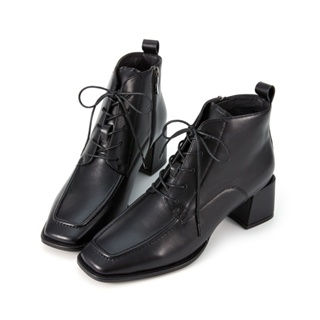 HERLS短靴 復古全真皮綁帶造型方頭粗跟踝靴短靴 黑色