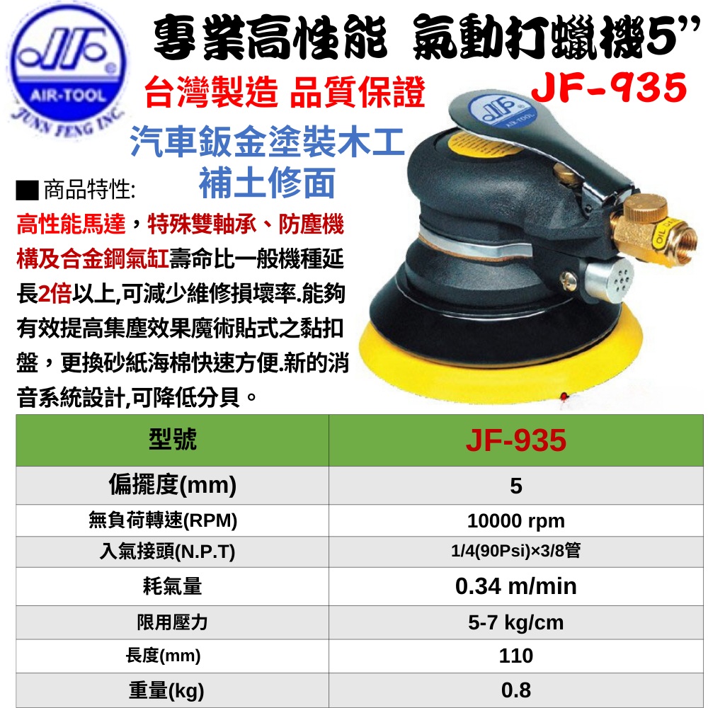 【五金大王】附發票 台製 JF 專業打蠟機 JF-935 5英吋 氣動圓形砂光機 打蠟機 5" 磨光機 氣動打蠟機
