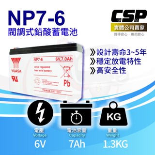 【CSP】YUASA湯淺NP7-6鉛酸電池6V7Ah 充電燈具 UPS POS系統機 電子秤 電動工具 兒童電動車