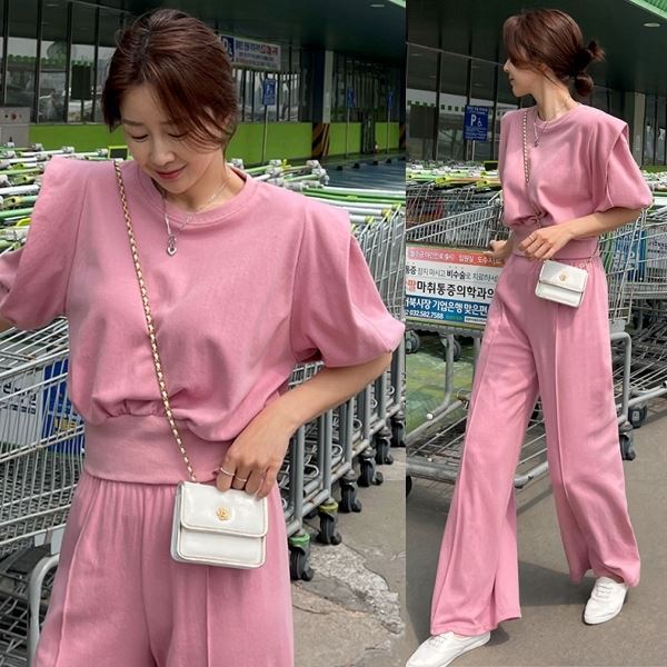 【白鳥麗子】韓國製 氣質素色收腰圓領公主袖上衣+舒適鬆緊落地長褲套裝