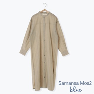 Samansa Mos2 blue 直條紋圖案下擺開岔開襟長袖洋裝(FG31L0H0580)