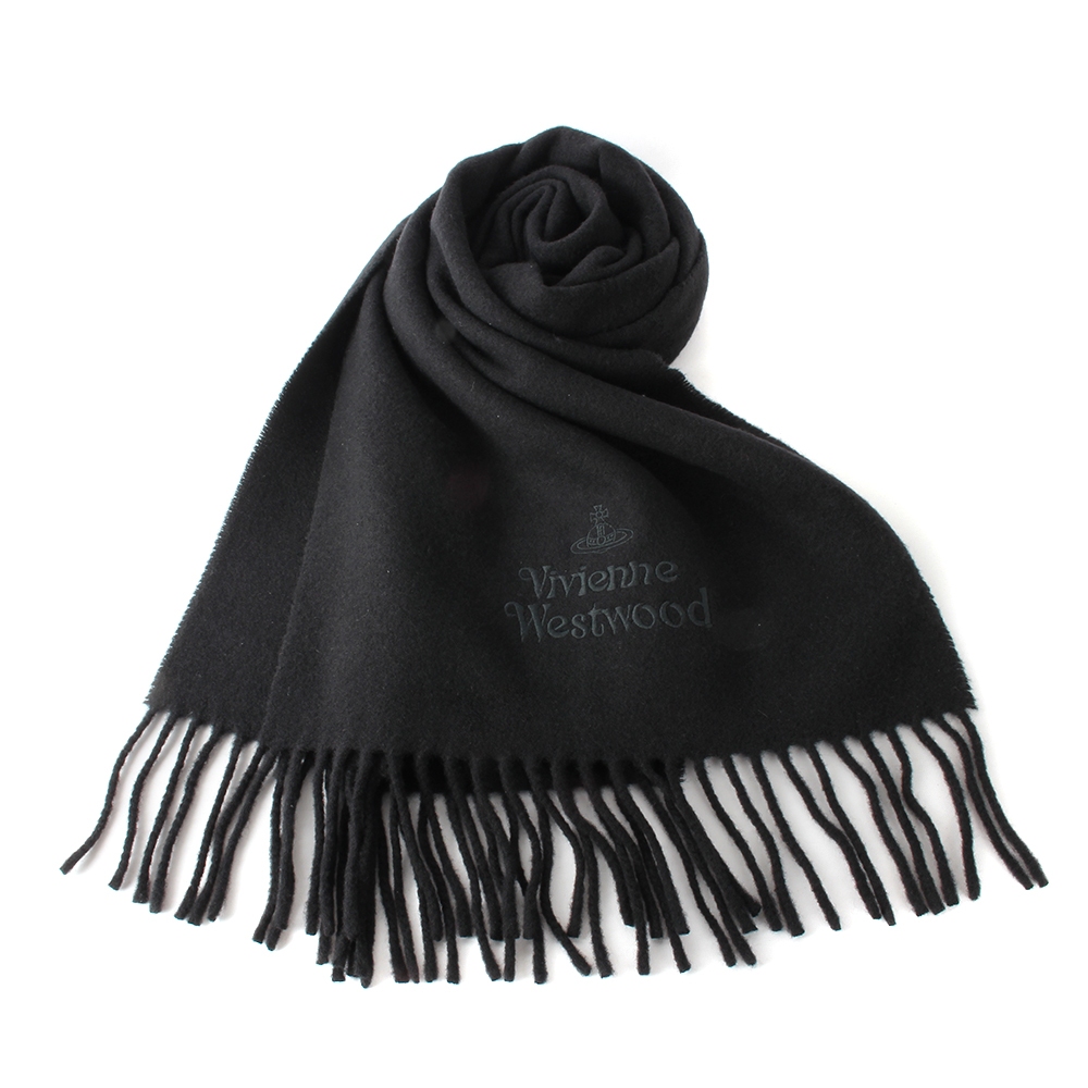 Vivienne Westwood刺繡LOGO流蘇羊毛圍巾(黑色)910543