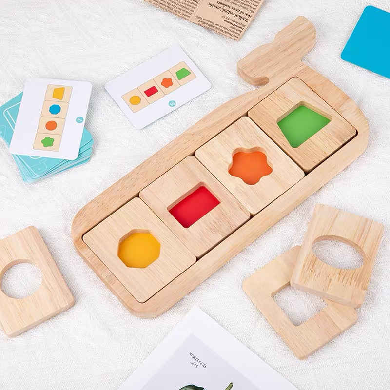 🦊111302｜蒙氏早教 鯨魚顏色幾何圖形配對板 木質拼圖 益智玩具