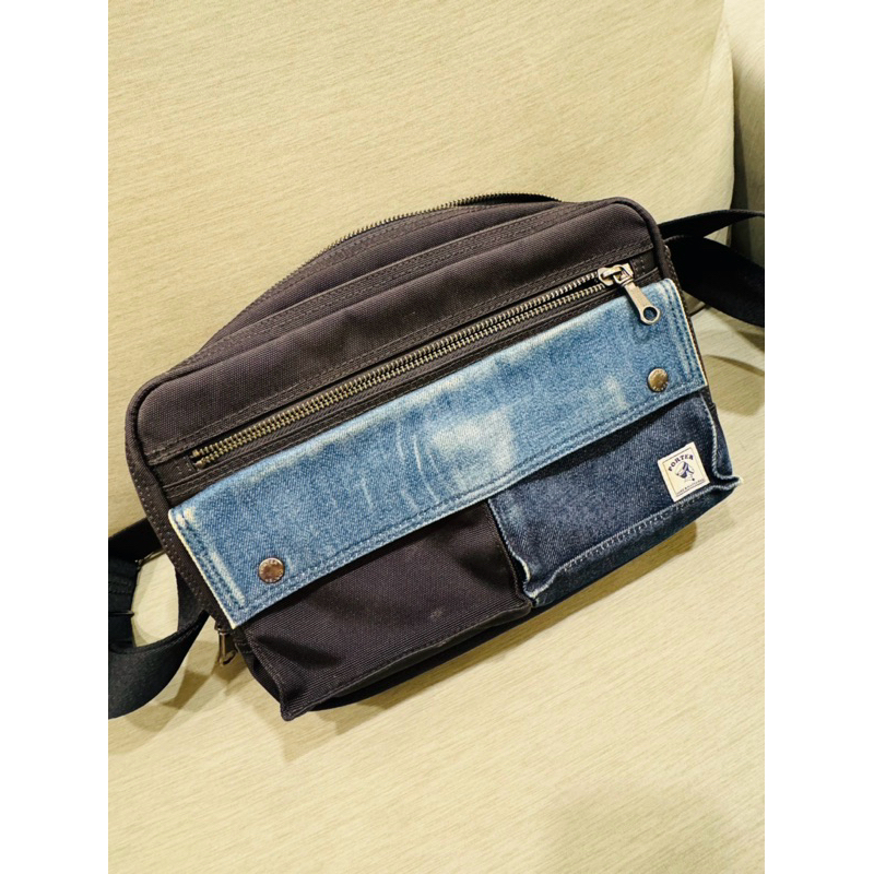 ［二手］PORTER International- 牛仔拼接PATCH WORK雙層斜背包 - 藍