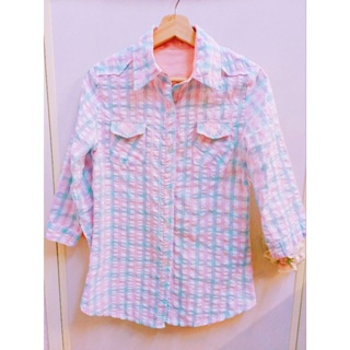 日系粉紅色粉藍色格紋長袖襯衫 可愛撞色格子襯衫 粉紅格子襯衫 粉藍色格紋襯衫 大尺碼襯衫 大尺碼長袖襯衫