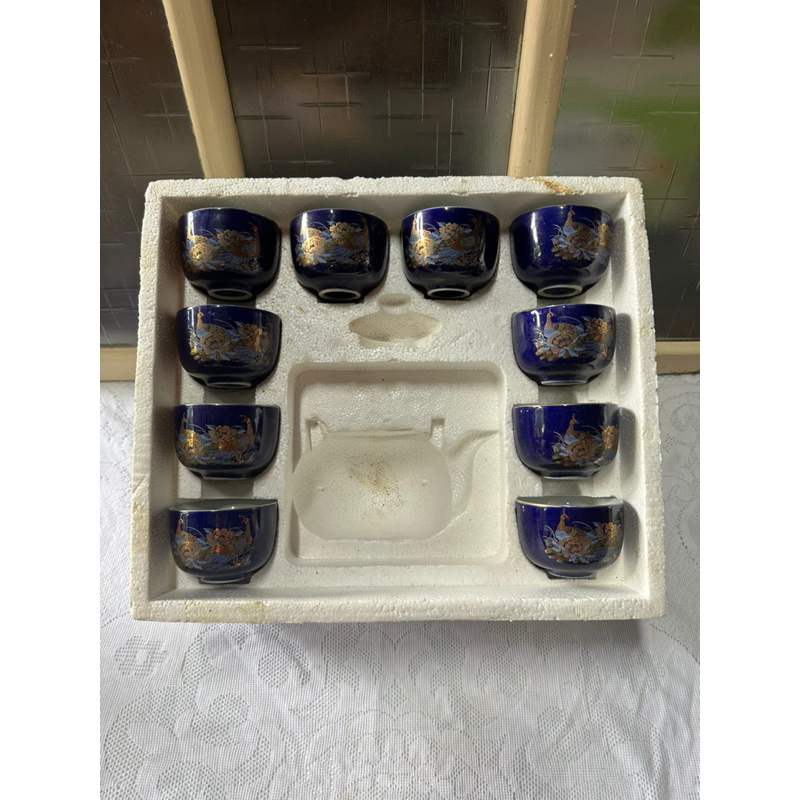 早期藍釉金邊茶杯 孔雀花卉陶瓷杯 10杯合售