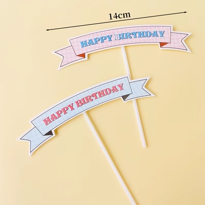 🌸五日工坊🌸 韓風拱門小旗幟-粉藍格紋(2入組) 🎂生日蛋糕插旗 生日快樂 蛋糕裝飾 派對