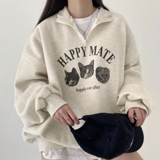 Vuja de 純棉 polo領 衛衣 大學t 薄衛衣 oversize 大學t 長袖 秋冬上衣 貓咪印花 刷毛 衣服女