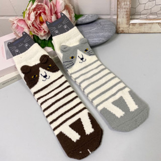 [現貨🇯🇵🔜] 貓咪 刺繡 珊瑚絨 條紋 中筒襪 日本進口 秋冬保暖 襪子 貓奴