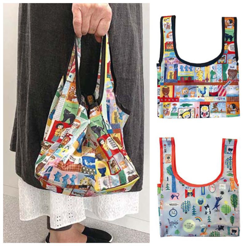 ［日本直送］日本 Ecoute minette 貓咪 插畫風格 可摺疊 寬底 購物袋 環保袋 手提袋 便當袋