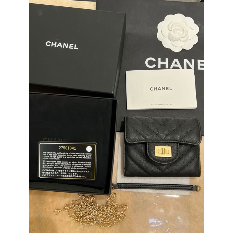 專櫃正品附保卡 Chanel 雙層卡包 限量山形紋 黑色 荔枝牛皮
