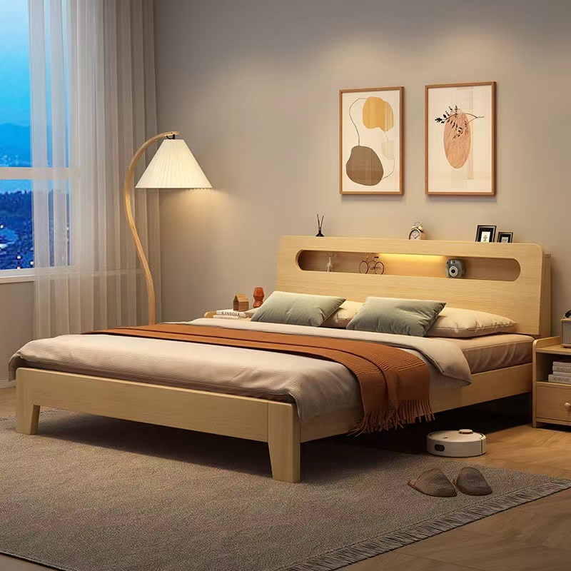 🔥送夜光灯🔥高品質原木床 單人雙人木床架床出租房臥室加固床架現代簡約1.5米家用雙人床主臥1.8米大床1.2米橡膠木床