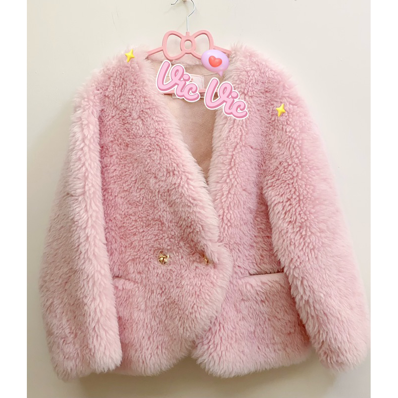 🎀全新🎀韓國粉色100%羊毛草莓牛奶粉皮草大衣外套