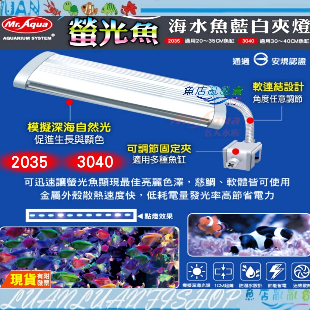 【魚店亂亂賣】水族先生螢光魚 海水魚藍白夾燈19cm.27cm 超輕量LED燈水族燈具小丑魚軟體海葵燈魚缸MR.AQUA