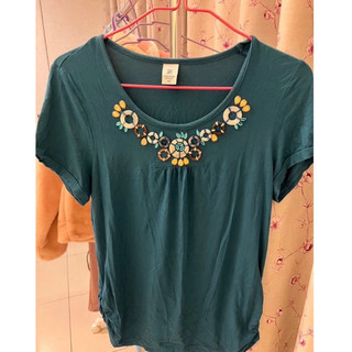 (二手）Fashion magic 木子百貨專櫃 鑽石玉圈圈串珠造型海藍色上衣 棉質設計感短袖上衣 L號