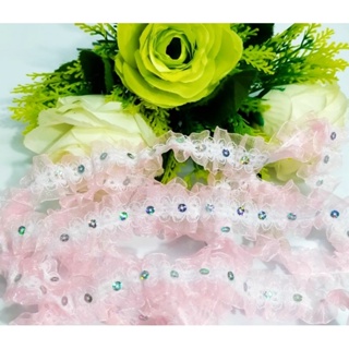 粉色紗質+白色蕾絲+幻彩亮片 3層式波浪花邊 寬約2.5cm 300cm/50元