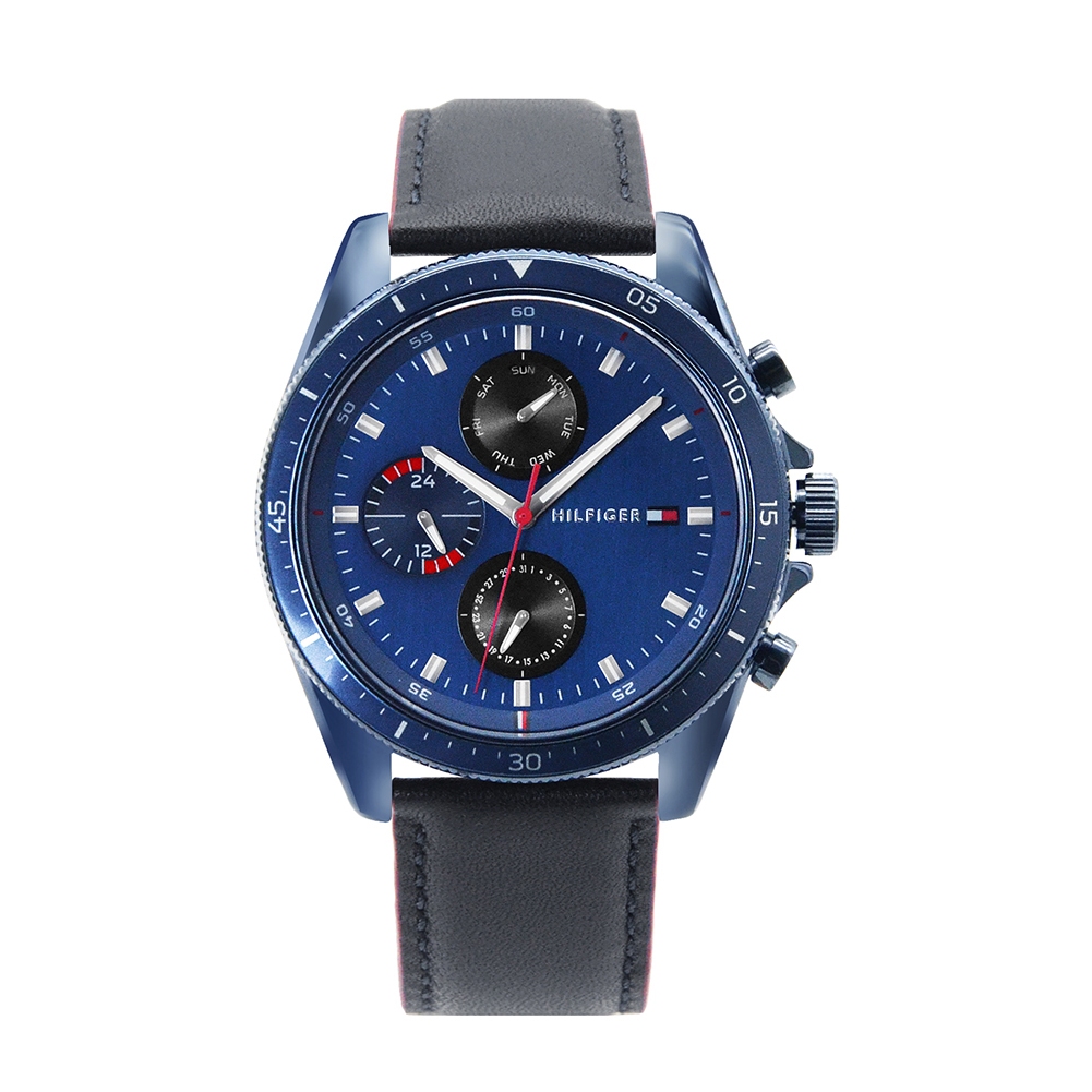 Tommy Hilfiger Parker系列 藍殼 藍面 三眼日期顯示腕錶 深藍色皮革錶帶 手錶 男錶