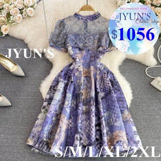 JYUN'S 秋季新款高階感輕奢氣質泡泡袖收腰顯瘦中長款網紗刺繡印花a字大擺連衣裙短袖洋裝大尺碼1色M號現貨