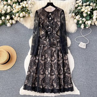 JYUN'S 秋季新款蕾絲連衣裙女法式高階感圓領收腰顯瘦氣質仙女裙優雅長裙長袖洋裝1色L預購