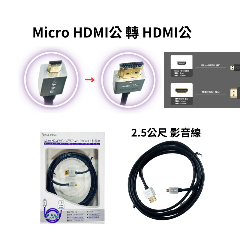 Micro HDMI公 轉 HDMI公 影音線+傳輸線 2.5公尺  HDMI公轉VGA母 轉接器