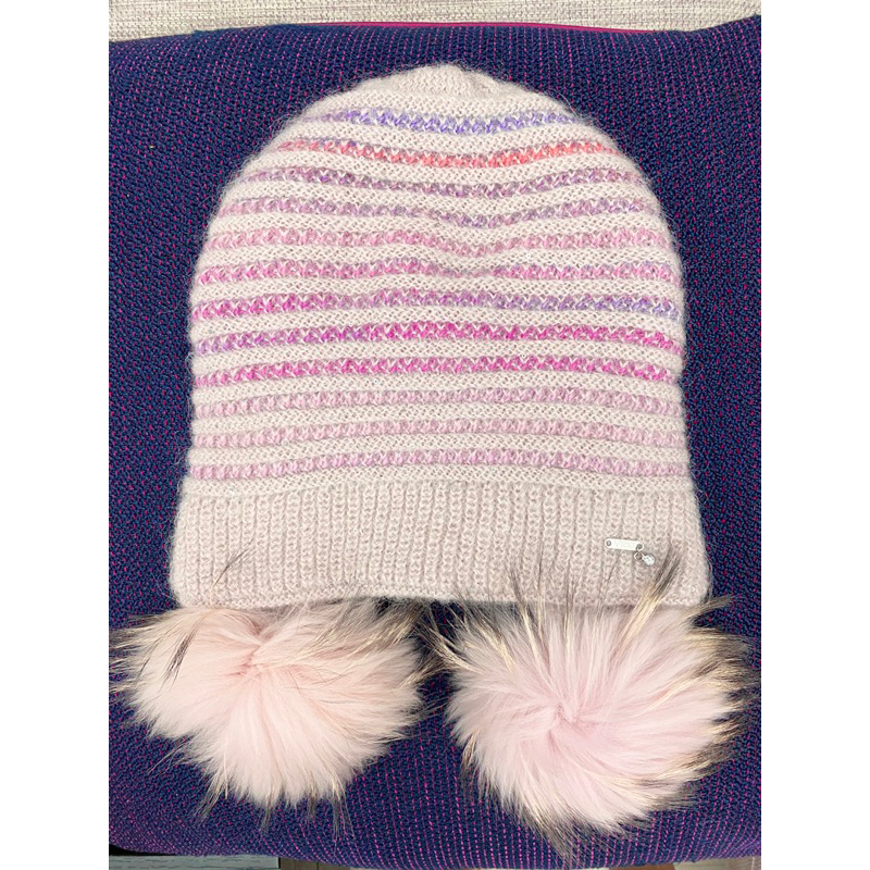 全新義大利製VIZIO漸層粉紫色系毛球毛帽。羊毛。羊駝毛。原價19800