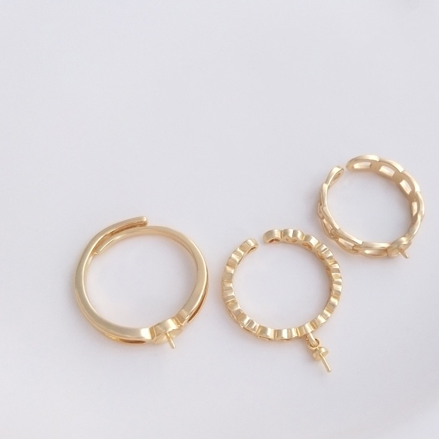 宏雲Hongyun-Ala--保色14K銅包真金色半孔珠托戒指手工diy粘水晶珍珠鑲嵌空托開口指環